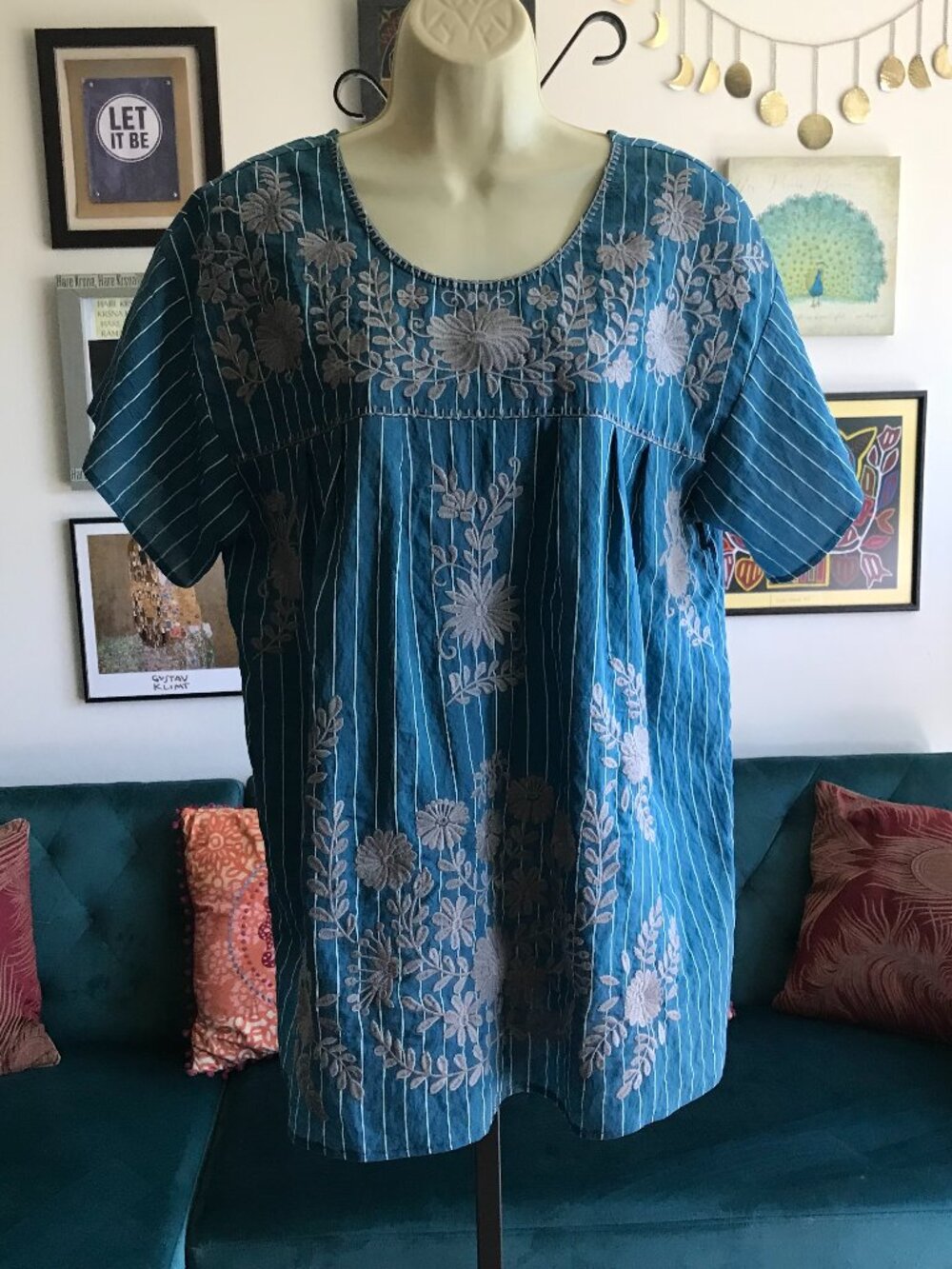 LAYERZ CLOTHING size XL Teal Blue Striped Floral Embroidered Boho Peasant Top